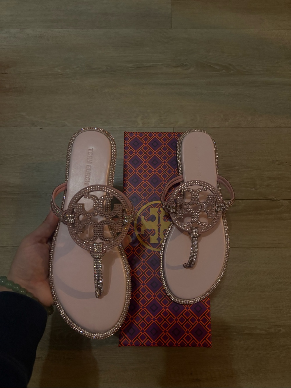 Tory Burch Blush Pink Crystal Logo Thong Sandals